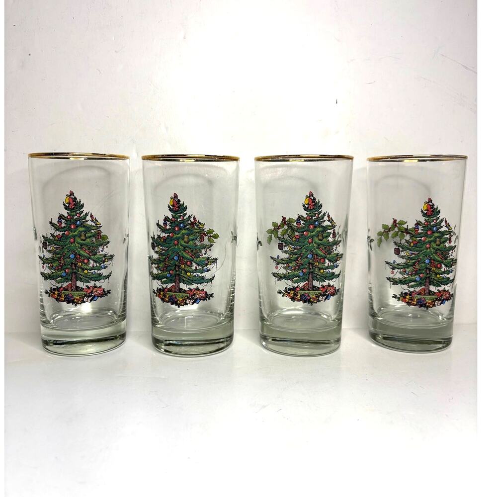 Vintage Spode Christmas Tree 10 oz Tumbler Glasses Set 4 Gold Rim Holiday 5 1/2"